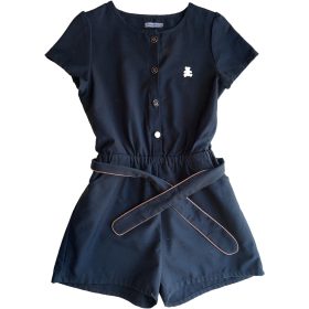 Kislány playsuit – sötétkék, rövid ujjú, öves 140